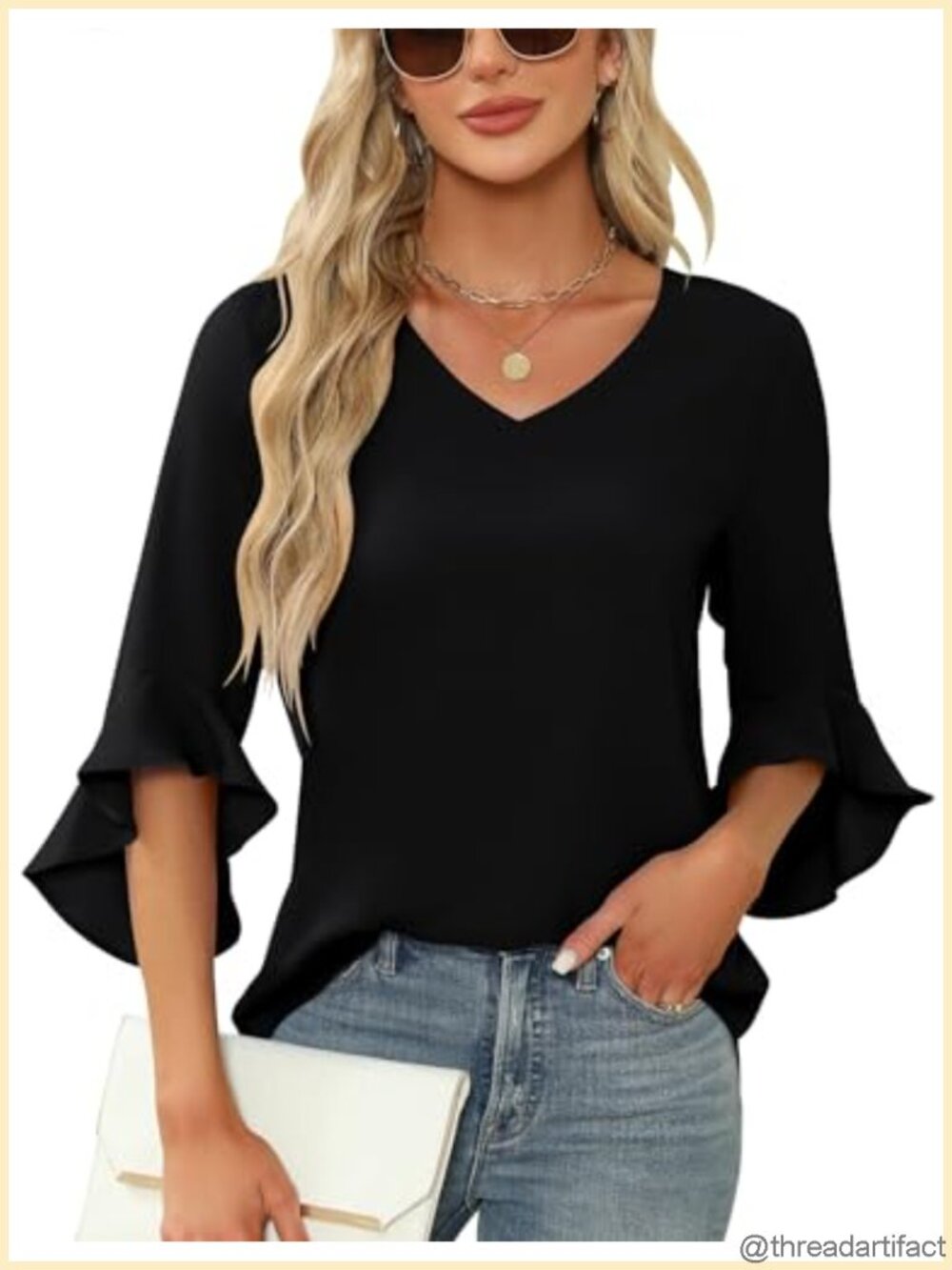 Chiffon Blouse 3/4 Ruffle Sleeve V Neck Dressy Flowy Tunic Top